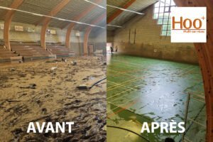 Nettoyage après inondations d'une salle de sport.