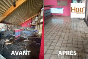 nettoyage d'une cafétaria après des inondations à Liège